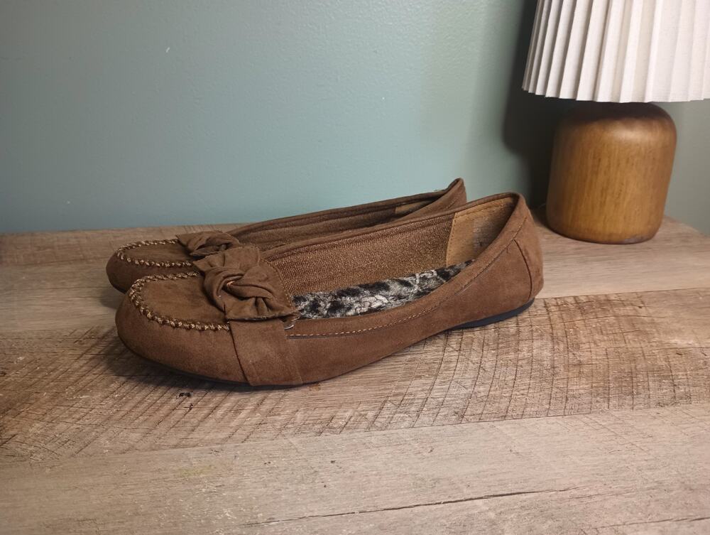 Hot Cakes Y2K Moccasin Ballet Flats 9 Bow Faux Fur Preppy Cozy Fairy Grunge